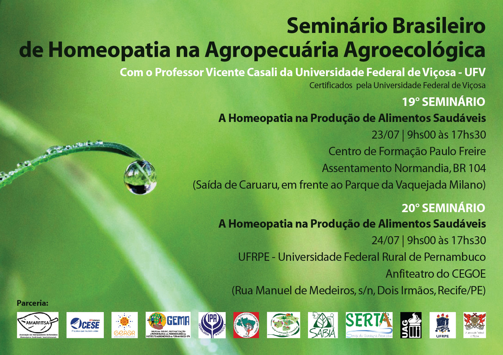 cartaz com fundo verde, letras negras e brancas, com informações sobre o seminário