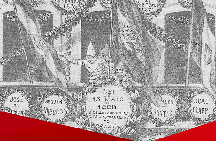 Imagem histórica em tons de cinza com personagens e cartazes sobre a abolição da escravatura