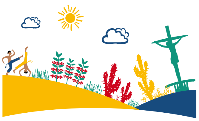 Logo da Gelne em Vitória da Conquista: na imagem vemos um desenho de capoeiristas, cafezais, cactos, uma pessoa crucificada, nuvens e o sol