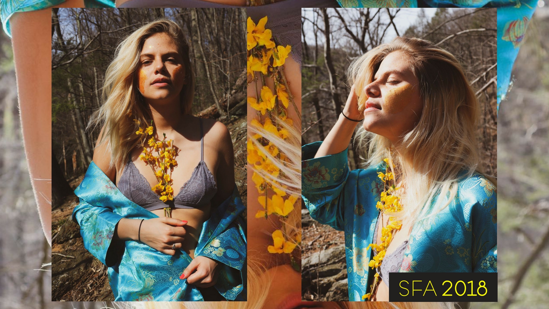 Cartaz do evento: uma mulher loira, com um vestido azul, posando em uma região com plantas