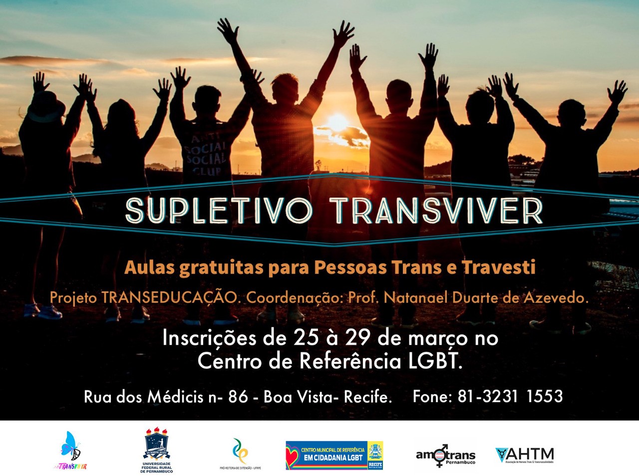 cartaz com imagem de pessoas de braços para cima. sol ao fundo