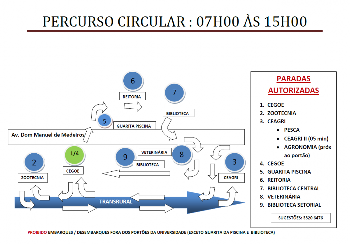 Mapa com trajeto do ônibus circular da UFRPE no horário das 7h às 15h