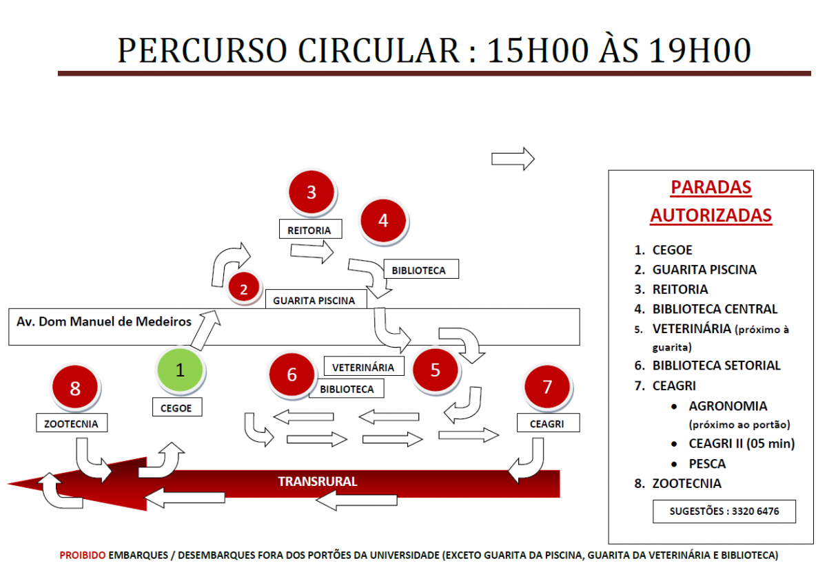Mapa com trajeto do ônibus circular da UFRPE no horário das 15h às 19h