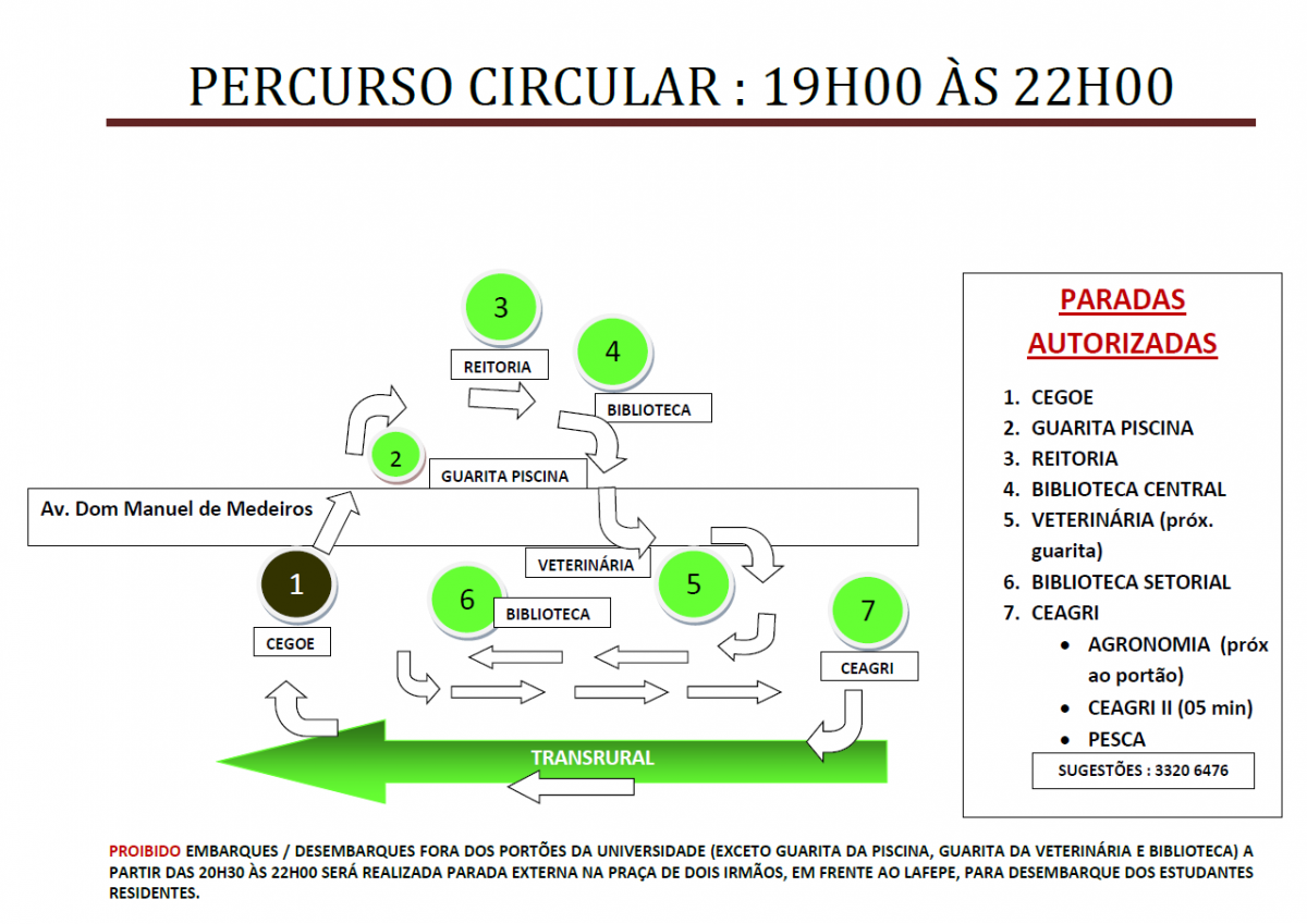 Mapa com trajeto do ônibus circular da UFRPE no horário das 19h às 22h