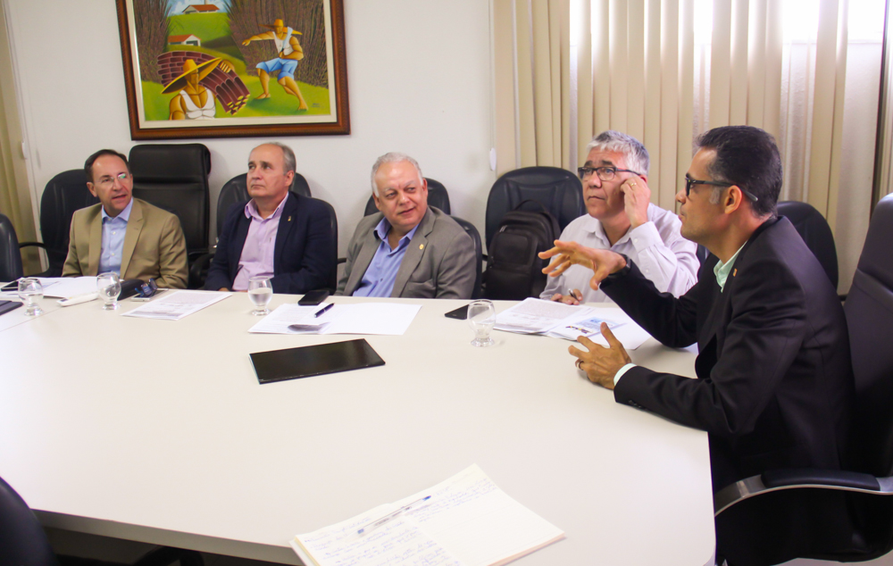 Participantes da reunião discutindo, sentados ao redor de uma mesa