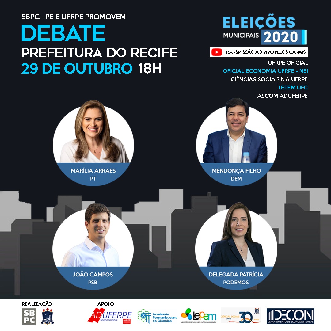 card de divulgação do debate com foto dos 4 candidatos