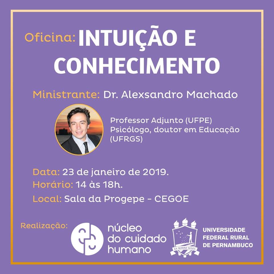 cartaz com informções sobre palestra "conhecimento e intuuição". Fundo lilás, com inscrições em amarelo