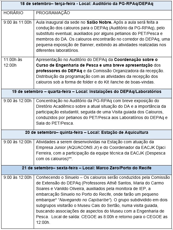 programação da semana de recepção de calouros