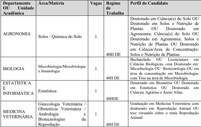 imagem com o quadro de vagas para o concurso, com as áreas e exigências de formação para cada vaga